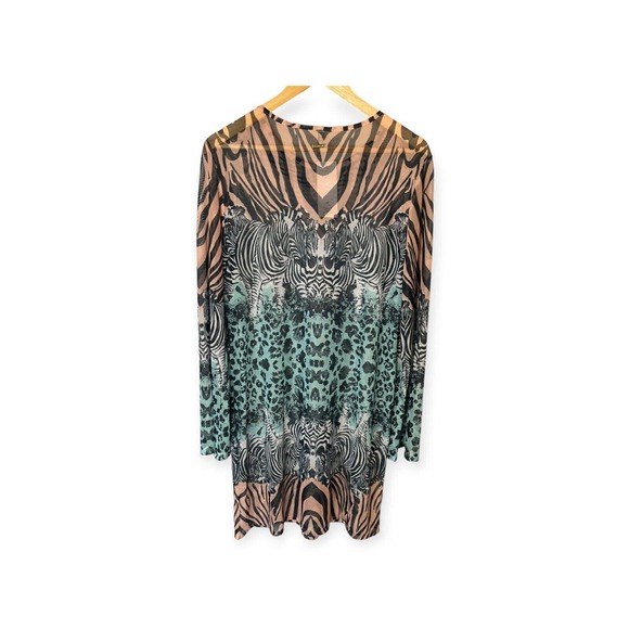 Amiani Colorful Safari Print Tunic Dress Women's Size Large, Sheer - Picture 2 of 10